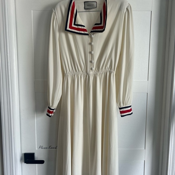 Gucci white silk maxi dress with red white and blue trim collar size S - Picture 1 of 7